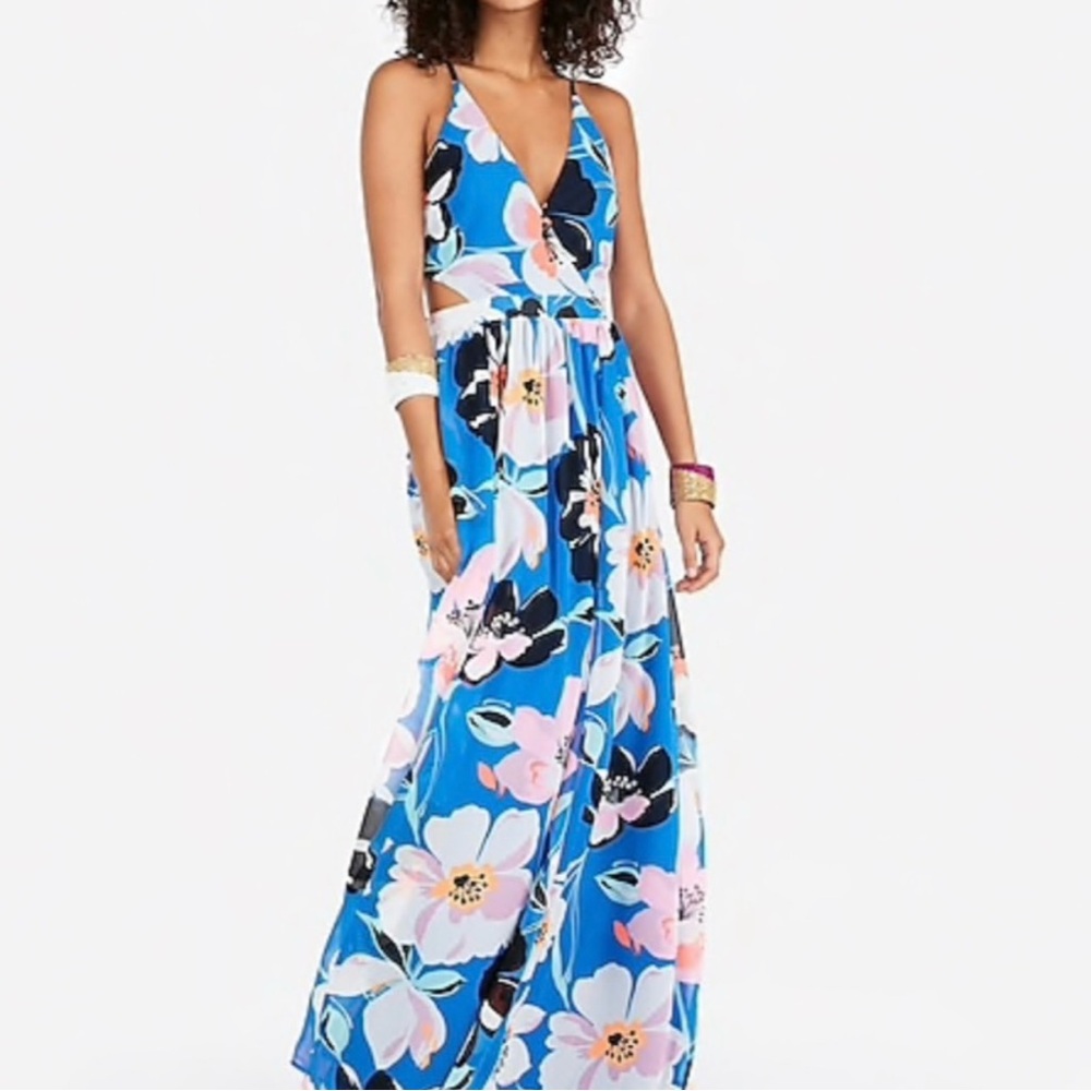 Backless Floral Dress in Blue and Pink